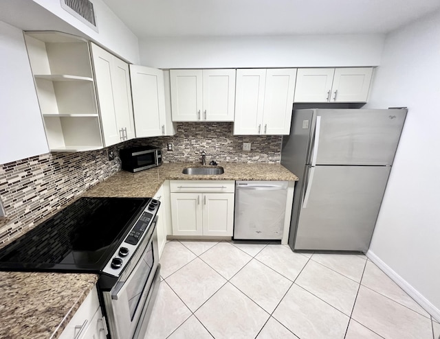 kitchen featuring open shelves, decorative backsplash, white cabinetry, a sink, and appliances with stainless steel finishes