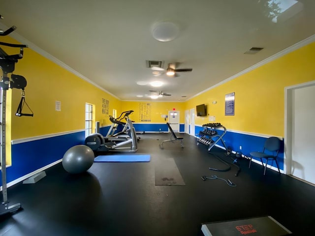 workout area featuring crown molding, baseboards, visible vents, and ceiling fan