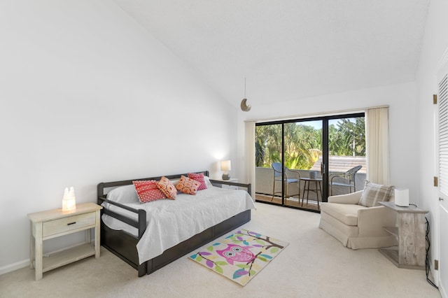 bedroom featuring high vaulted ceiling, access to outside, and carpet flooring