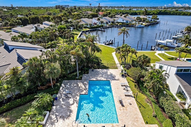 aerial view featuring a water view and a residential view