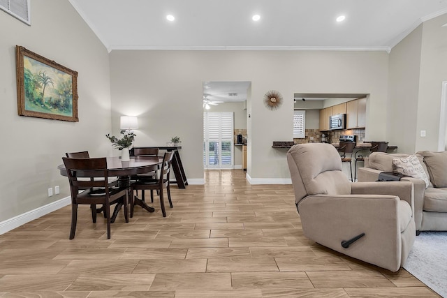 living room featuring recessed lighting, visible vents, baseboards, ornamental molding, and wood tiled floor