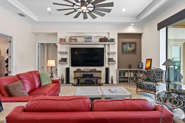 living room featuring recessed lighting, visible vents, ceiling fan, and ornamental molding