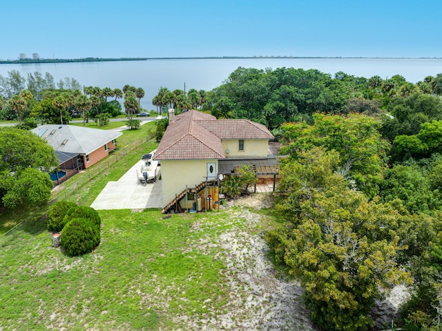 drone / aerial view featuring a water view