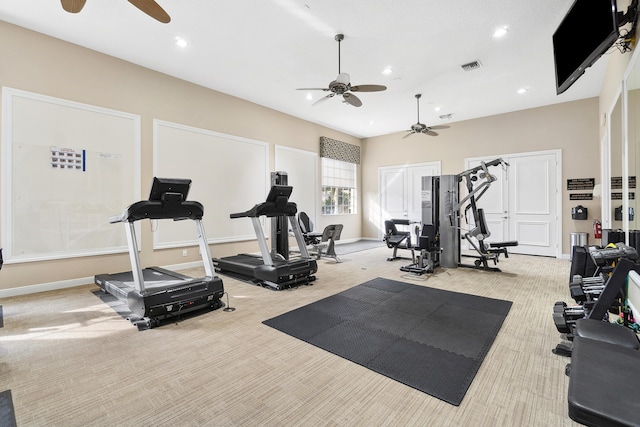 interior space with baseboards, carpet floors, visible vents, and recessed lighting