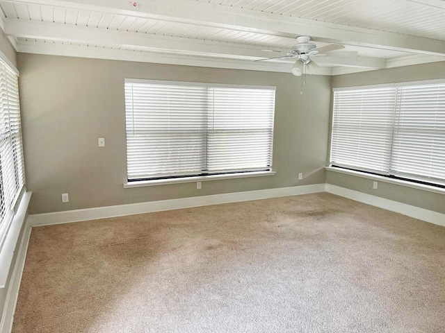 carpeted empty room with ceiling fan, wood ceiling, beam ceiling, and baseboards