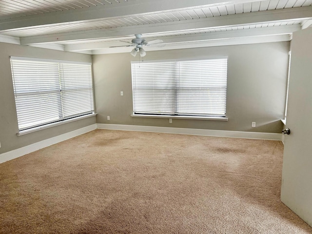 empty room featuring carpet, baseboards, plenty of natural light, and beamed ceiling