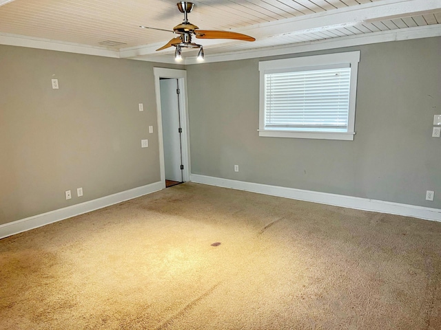 carpeted spare room with wood ceiling, beam ceiling, baseboards, and a ceiling fan