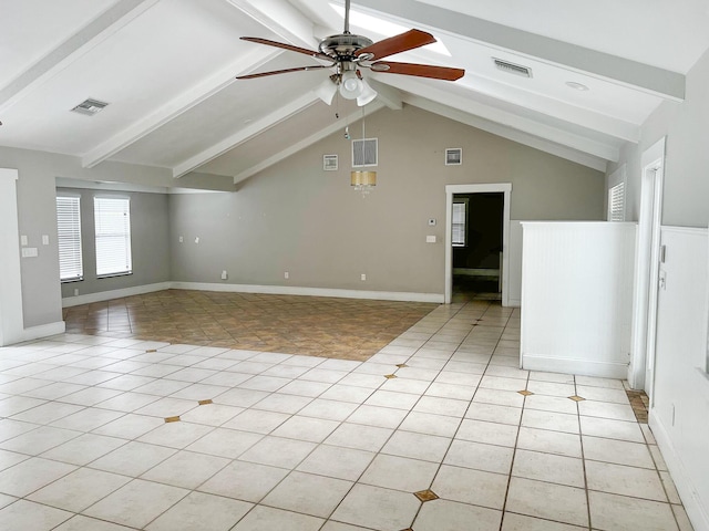 empty room featuring ceiling fan, light tile patterned floors, and visible vents