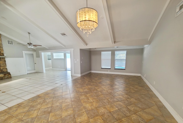 unfurnished living room with baseboards, visible vents, and ceiling fan with notable chandelier