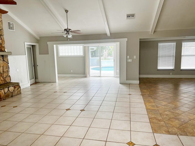 unfurnished living room featuring light tile patterned floors, a ceiling fan, visible vents, and vaulted ceiling with beams