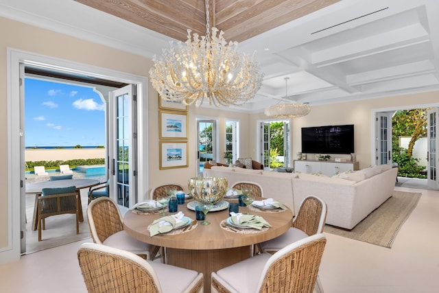 dining room featuring a notable chandelier, ornamental molding, coffered ceiling, and beamed ceiling