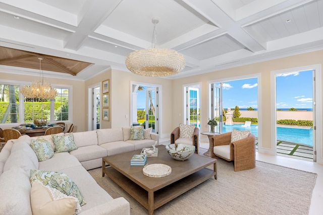 living area with ornamental molding, coffered ceiling, a notable chandelier, and beamed ceiling