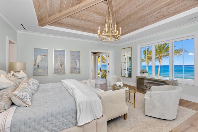 bedroom featuring a tray ceiling, multiple windows, wood finished floors, and wood ceiling