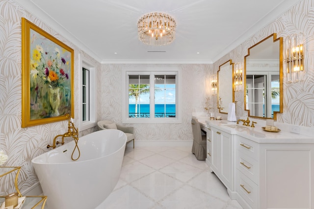 full bath with a chandelier, a soaking tub, and wallpapered walls