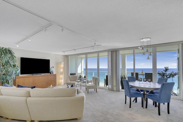 living area featuring an inviting chandelier, expansive windows, a textured ceiling, and light colored carpet