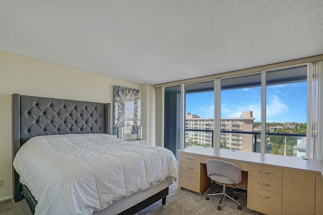 bedroom with a textured ceiling, a view of city, and light colored carpet