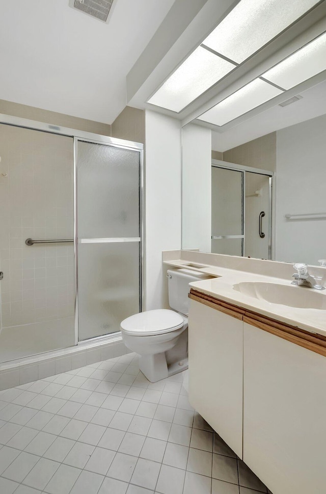 bathroom with visible vents, toilet, tile patterned floors, vanity, and a shower stall