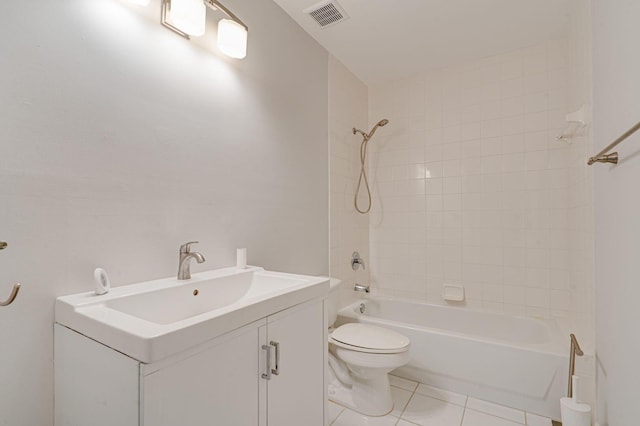 full bathroom with shower / bath combination, visible vents, toilet, tile patterned flooring, and vanity