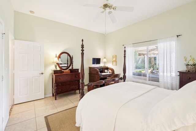 bedroom featuring a ceiling fan and light tile patterned flooring