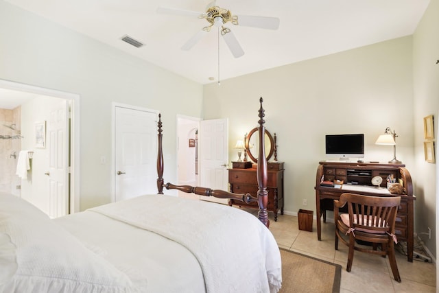 bedroom featuring a ceiling fan, visible vents, baseboards, and light tile patterned flooring