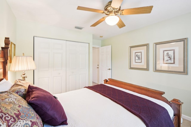 bedroom featuring a ceiling fan, a closet, visible vents, and baseboards