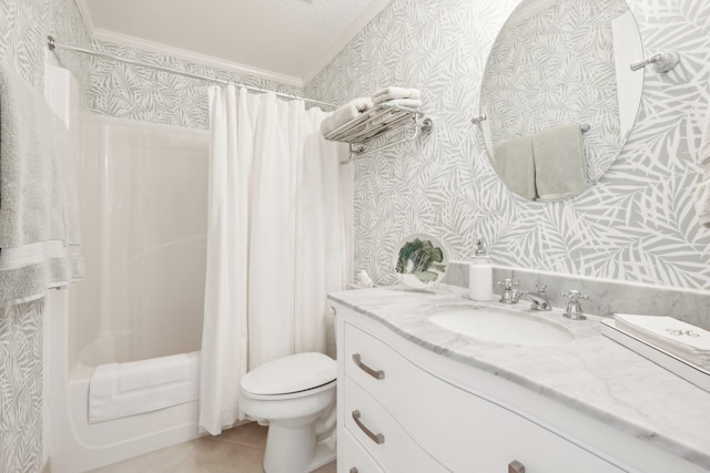 bathroom with wallpapered walls, shower / bath combo, toilet, tile patterned floors, and vanity