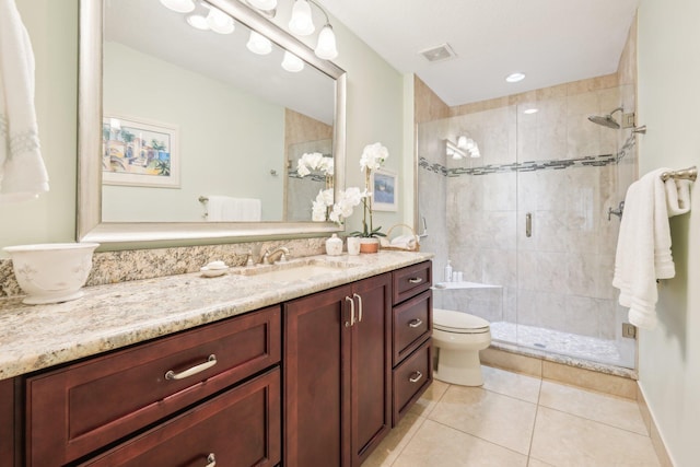 bathroom with a stall shower, visible vents, toilet, tile patterned flooring, and vanity