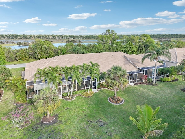 bird's eye view with a water view