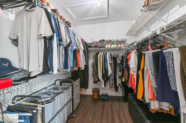 walk in closet featuring attic access and wood finished floors