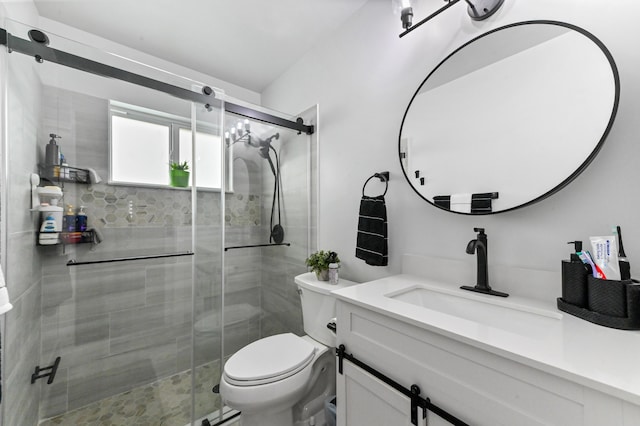 bathroom featuring a stall shower, vanity, and toilet