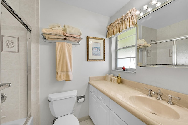 full bath featuring vanity, shower / tub combination, and toilet