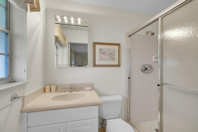 full bathroom featuring vanity, toilet, and a stall shower