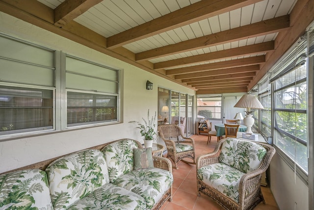 sunroom / solarium with beam ceiling and wood ceiling