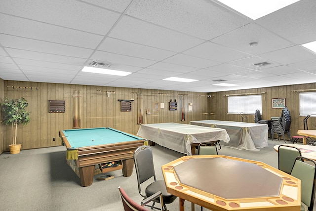 rec room with visible vents, billiards, and carpet