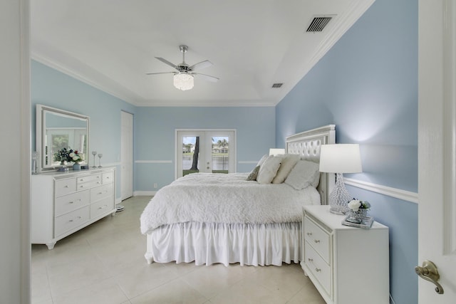 bedroom featuring french doors, light tile patterned flooring, visible vents, and crown molding