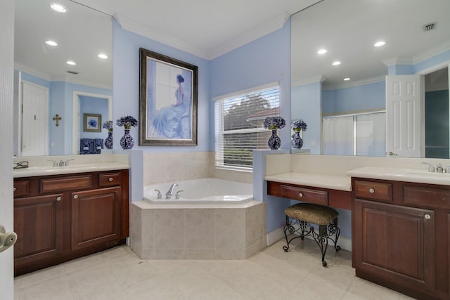 full bath with a garden tub, visible vents, two vanities, ornamental molding, and a stall shower