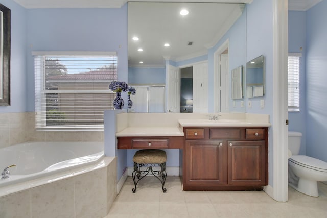 full bathroom featuring a stall shower, a garden tub, toilet, and tile patterned floors