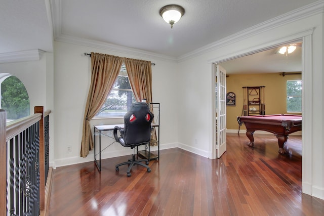 office with wood-type flooring, crown molding, baseboards, and billiards