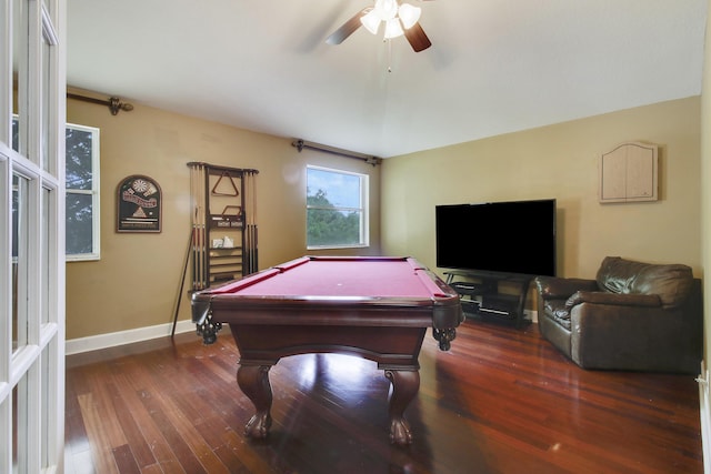 rec room featuring pool table, ceiling fan, baseboards, and wood finished floors