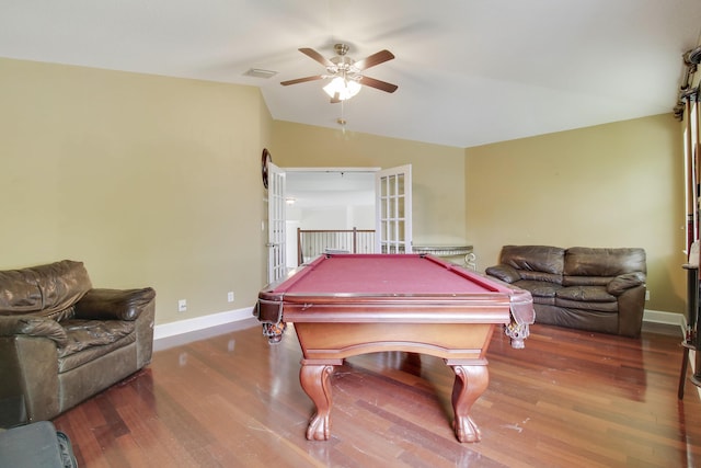 rec room with baseboards, ceiling fan, wood finished floors, pool table, and vaulted ceiling