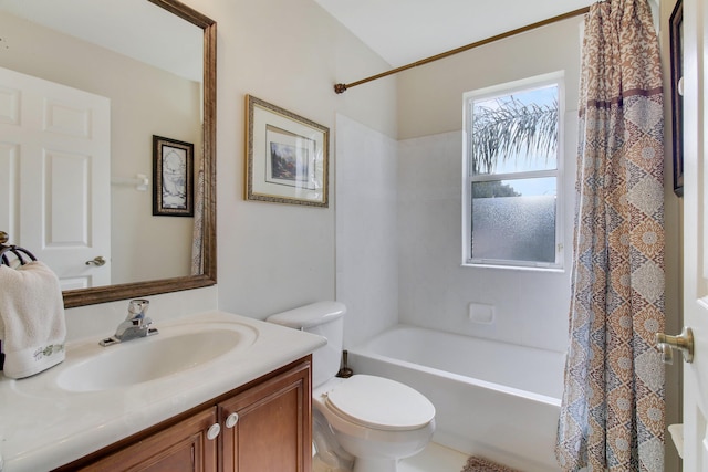 bathroom featuring vanity, toilet, and shower / bathtub combination with curtain