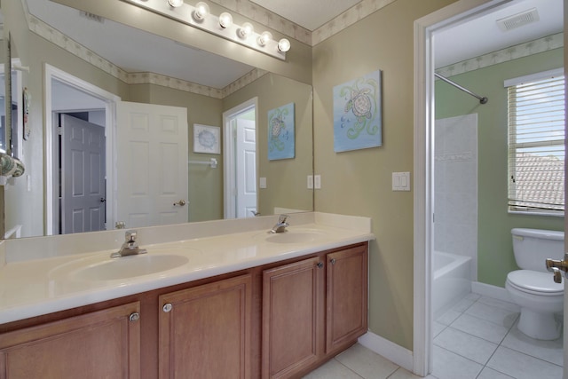 bathroom featuring toilet, tile patterned flooring, a sink, and visible vents