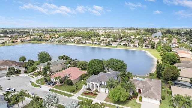 birds eye view of property with a water view and a residential view