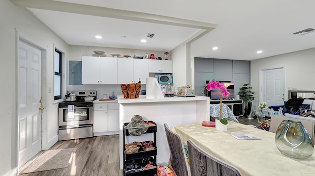 kitchen with light countertops, stainless steel electric range, visible vents, and light wood-style floors