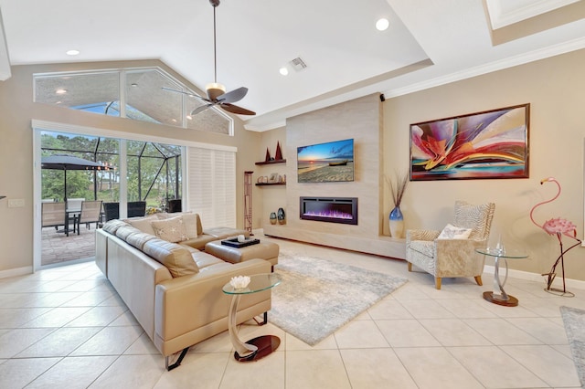 living room featuring light tile patterned floors, a ceiling fan, baseboards, visible vents, and a large fireplace