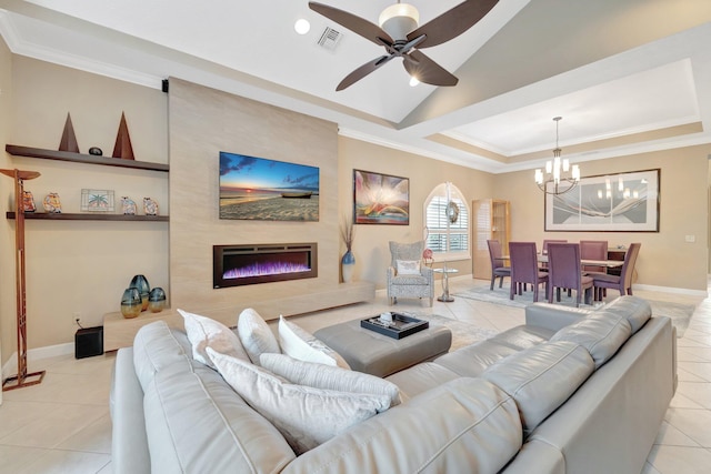 living area with crown molding, light tile patterned flooring, visible vents, and a large fireplace