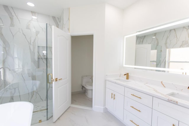 bathroom with toilet, marble finish floor, a marble finish shower, and a sink