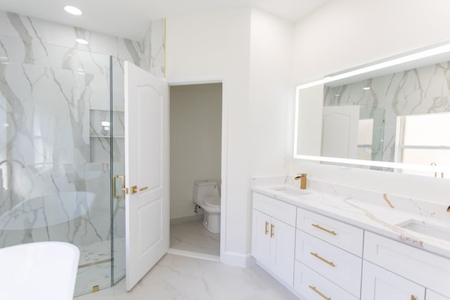 bathroom with a sink, a marble finish shower, toilet, and marble finish floor