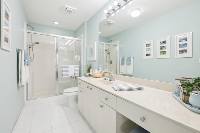 bathroom with visible vents, toilet, tile patterned flooring, vanity, and a shower stall