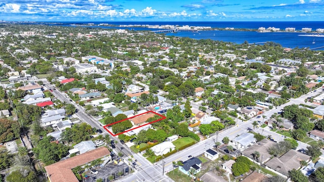 aerial view featuring a water view